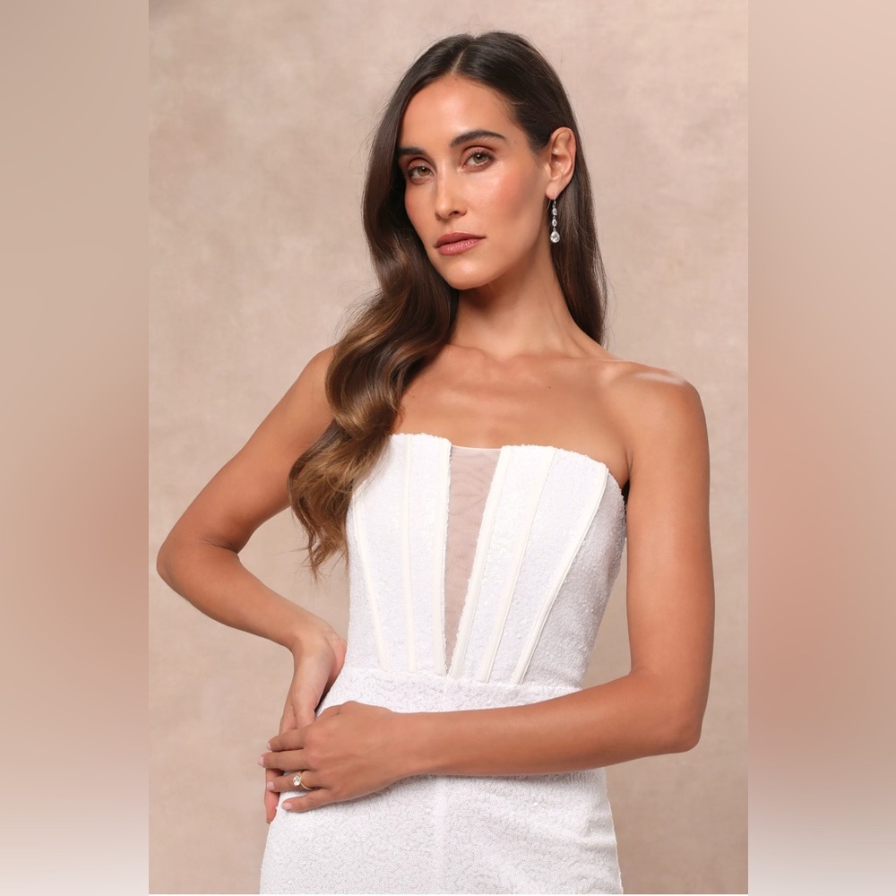 Lulus Glamorous Spirit White Sequin Strapless Bustier Jumpsuit - Picture 3 of 8